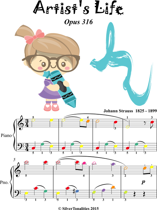 Title details for Artist's Life Waltz Opus 316 Easy Piano Sheet Music with Colored Notes by Peter Ilyich Tchaikovsky - Available